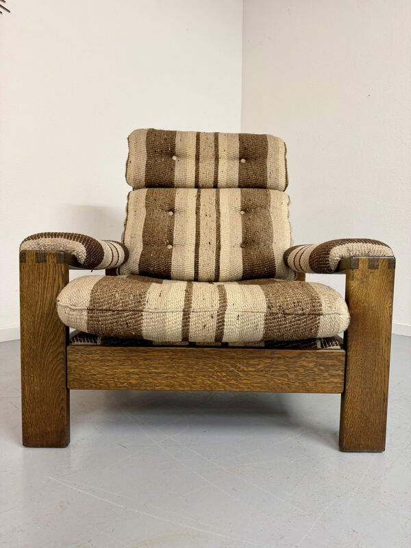 Ancien fauteuil design années 70 bois et tissu origine vintage