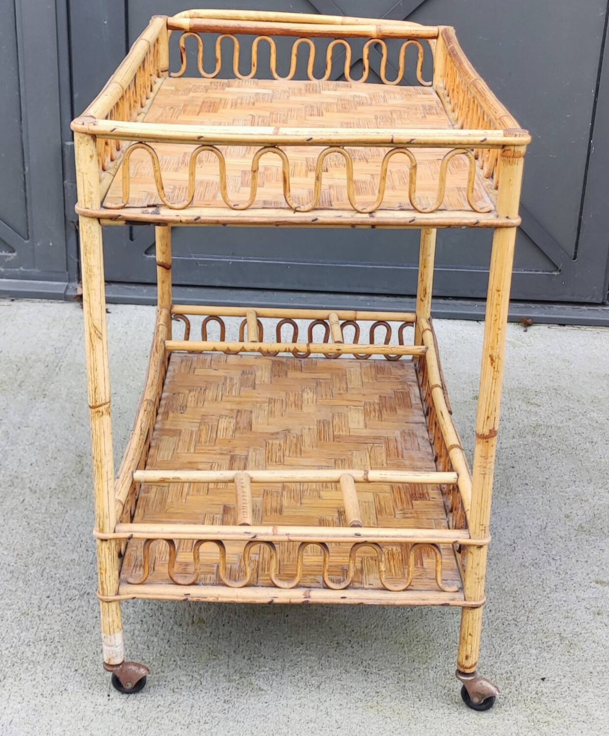 Vintage rattan bar trolley rolling serving cart