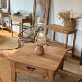 Table basse carrée de ferme ancienne en bois massif brut, 1 tiroir