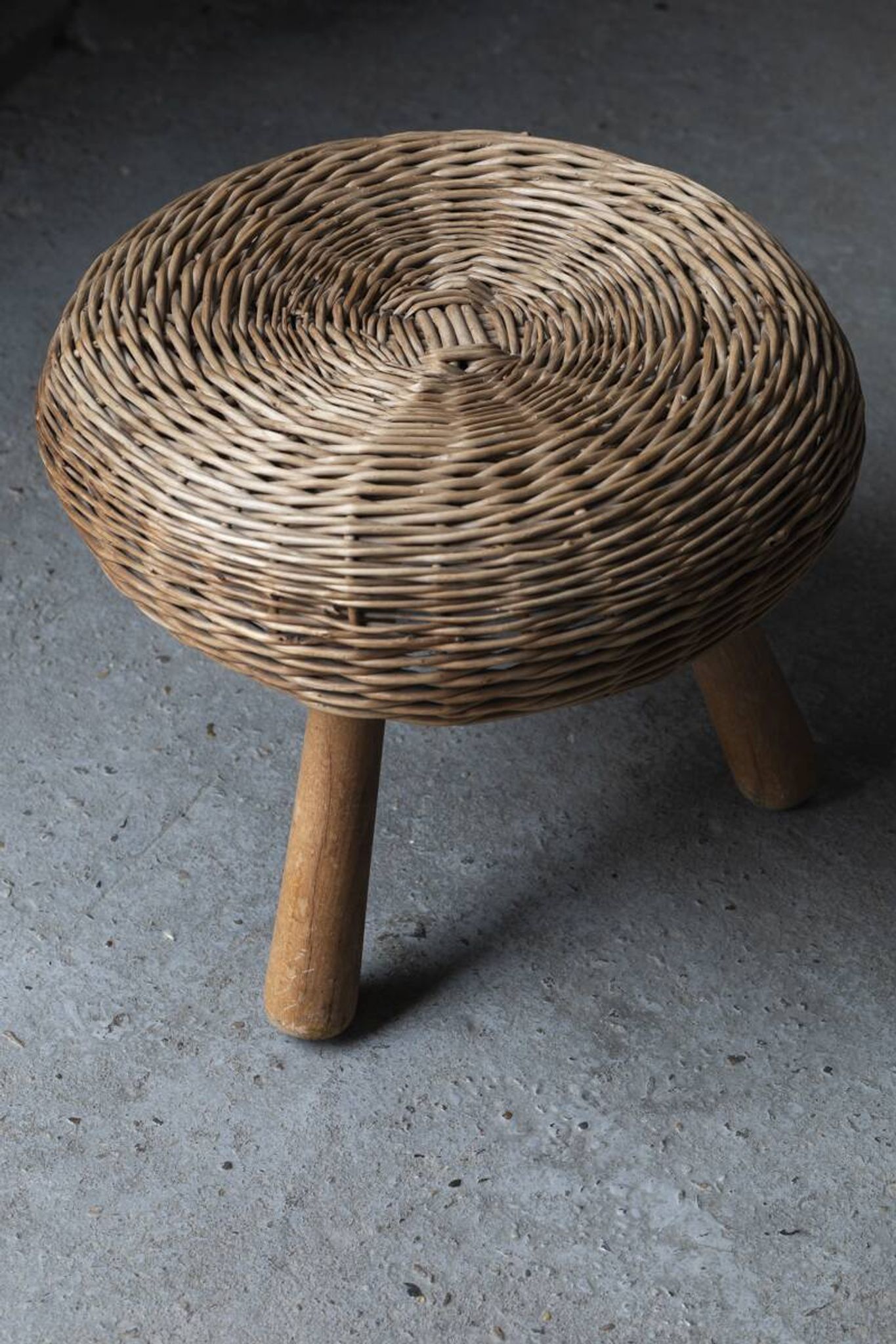 Wicker tripod stool by Tony Paul, 1950s, USA