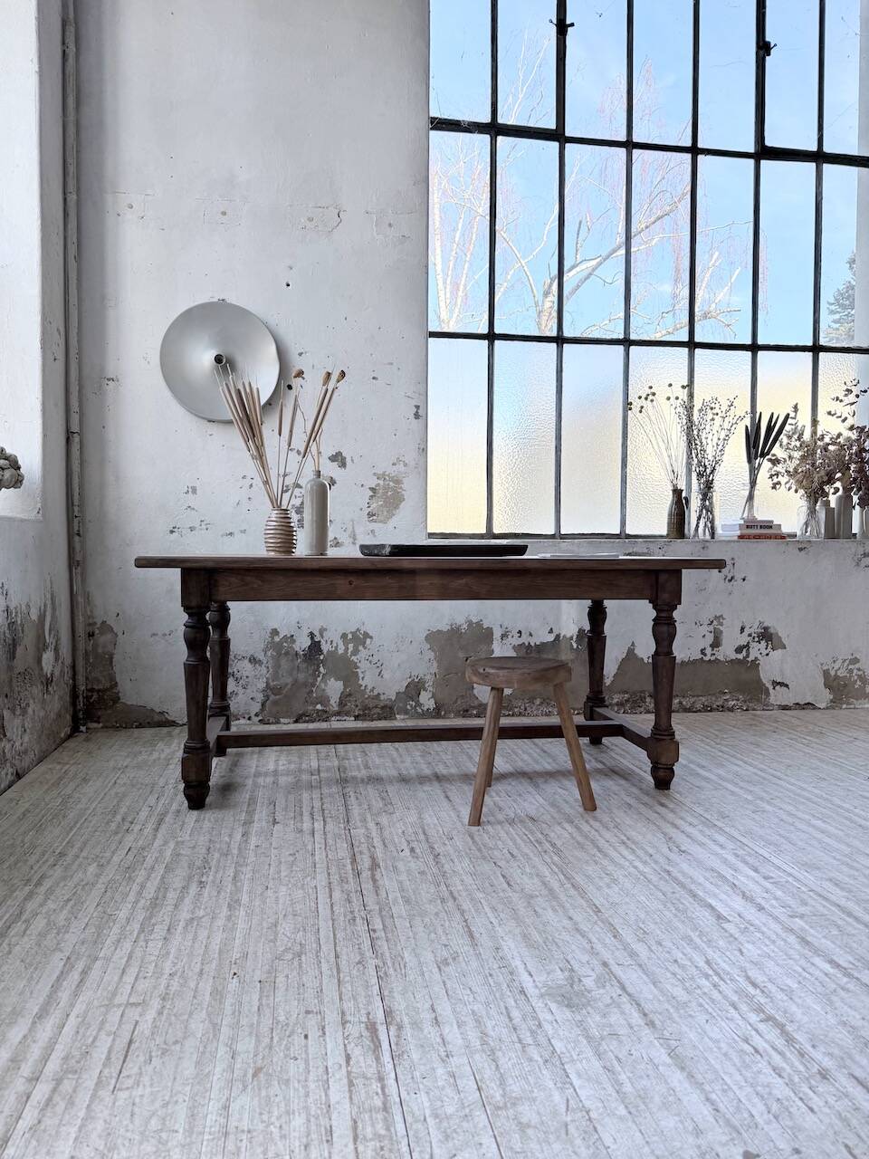 Farm table with turned legs, made of pine and birch, 180cm.