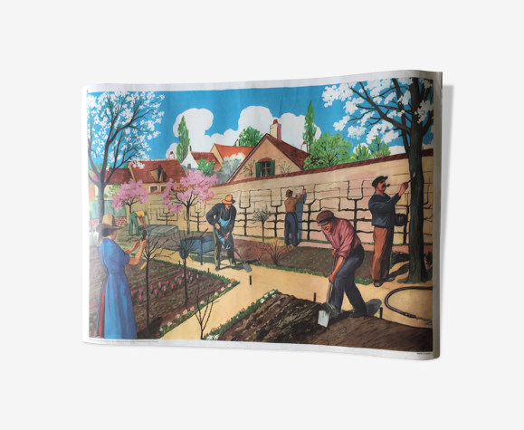 Affiche scolaire pédagogique édt. Rossignol recto Le Jardinage verso La traite des vaches