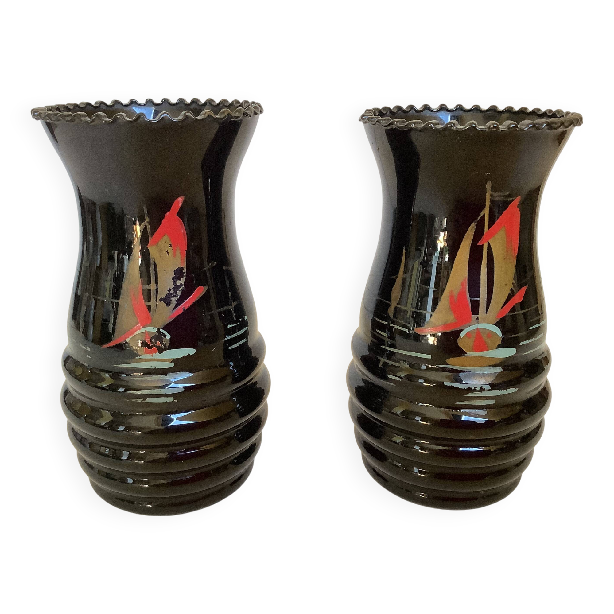 Pair of small painted black opaline vases