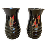 Pair of small painted black opaline vases
