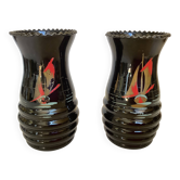 Pair of small painted black opaline vases
