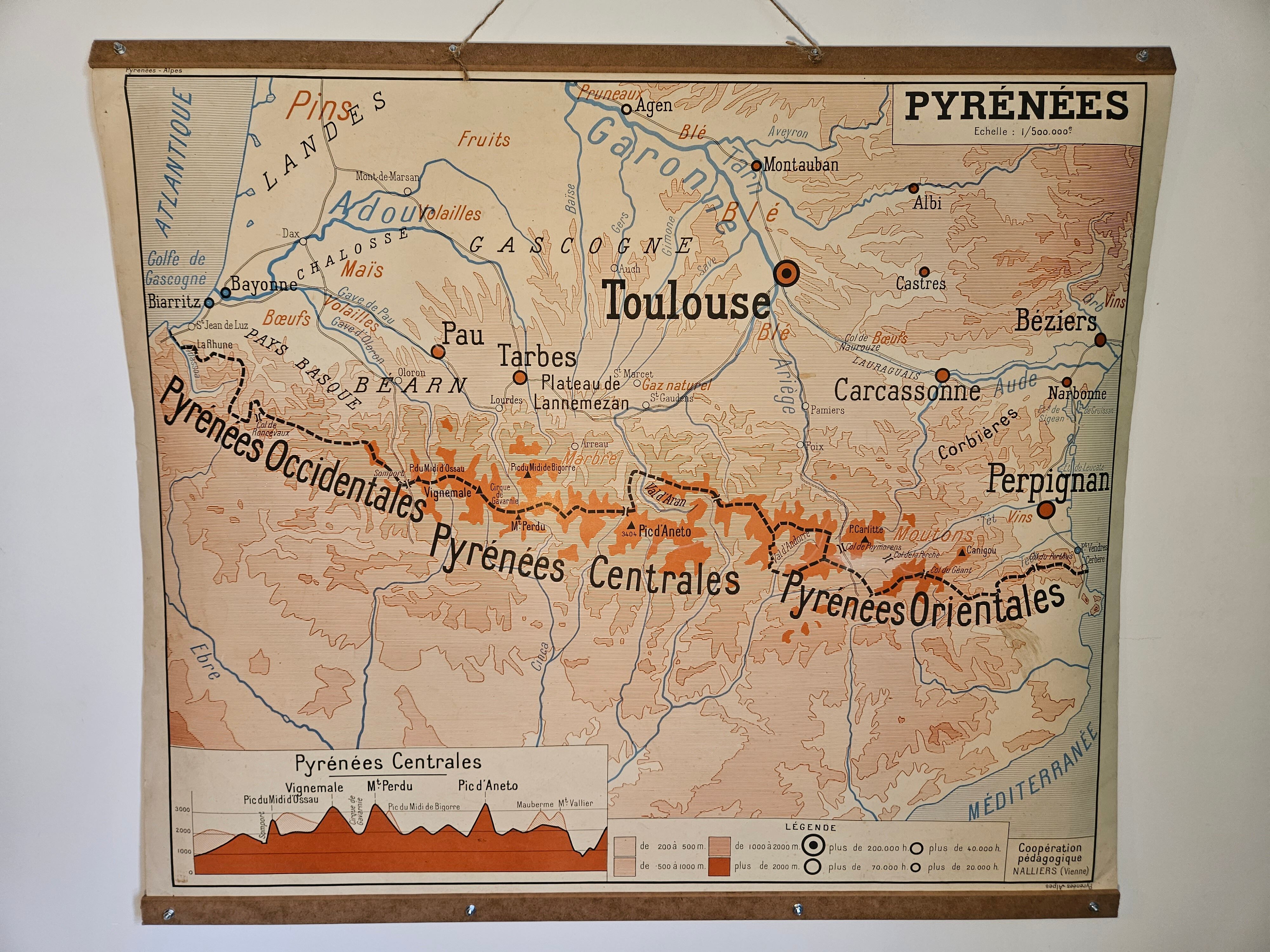 Old school map of geography 1960 Pyrenees and the Alps