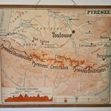 Old school map of geography 1960 Pyrenees and the Alps
