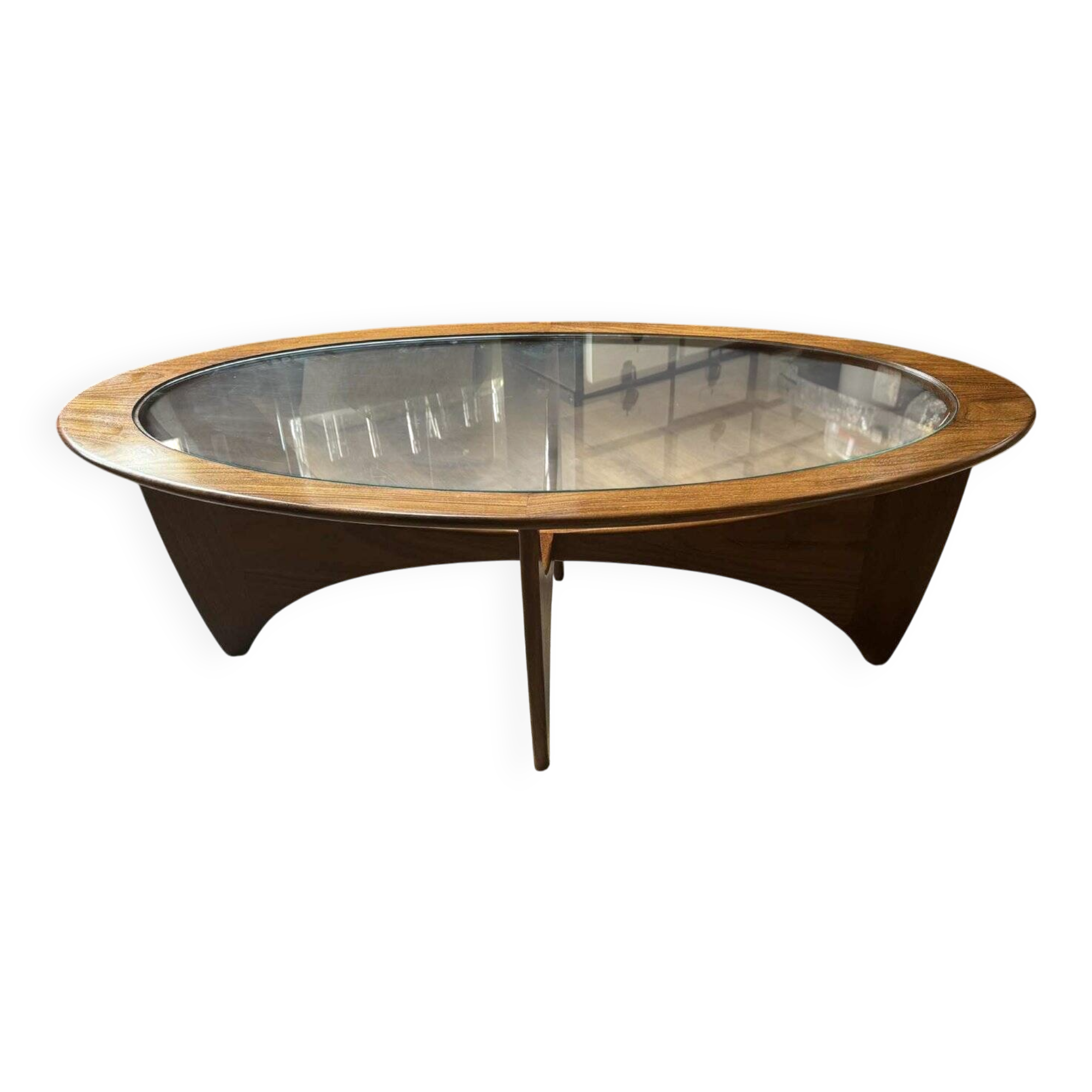 Oval Astro coffee table in teak with glass top by Victor Wilkins for G-Plan, 1960s