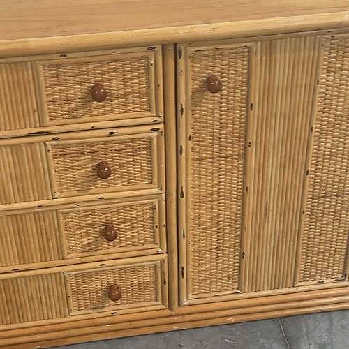 Large coastal rattan and bamboo sideboard credenza, 1980s