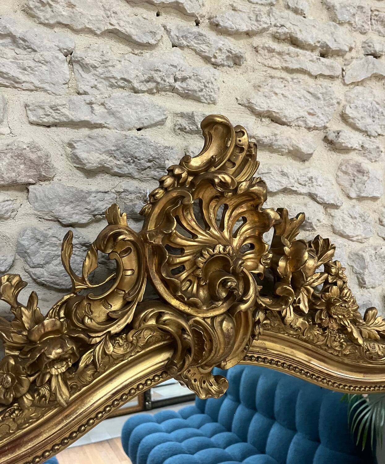 Antique mirror 183.5/116cm with pediments and pearl detailing in gold leaf.