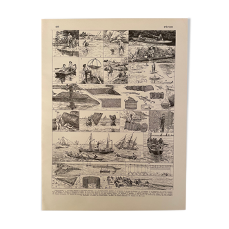Lithograph engraving on fishing from 1928