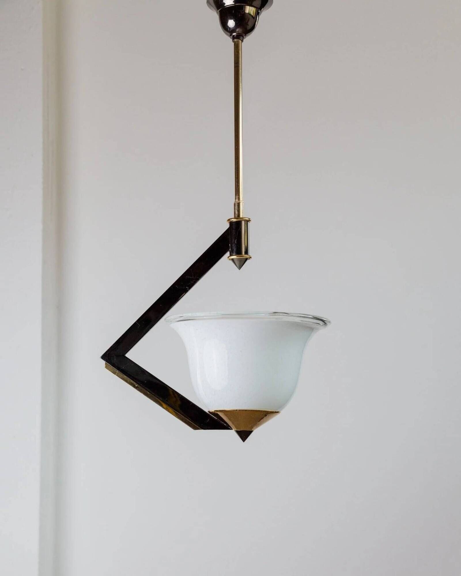 White Murano Glass Ceiling Lamp with Gold Metal Trim – 1980s Italian Vintage Triangular Chandelier