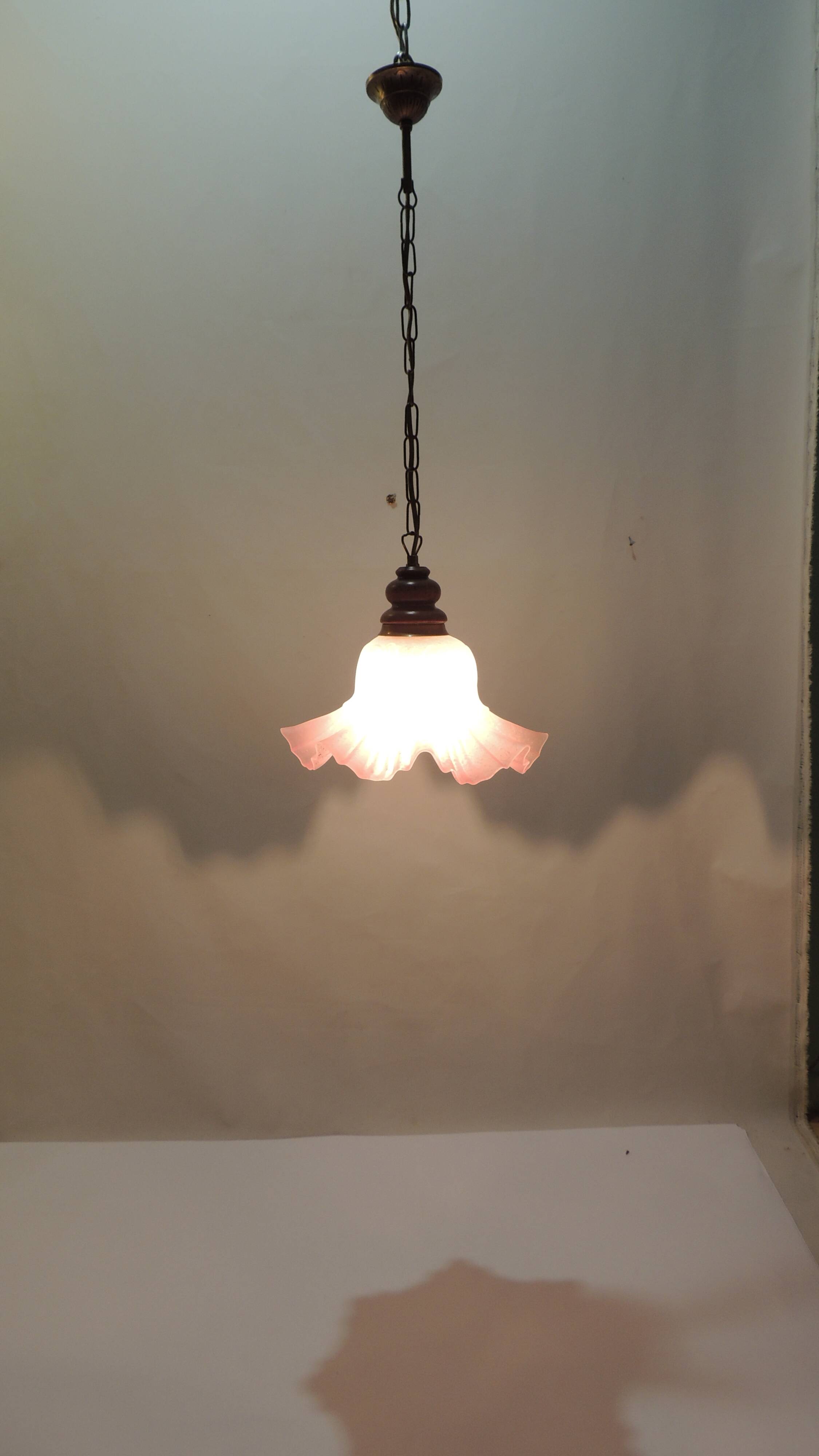Vintage pink opaline glass pendant light – Art Deco tulip, brass and wood