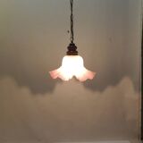 Vintage pink opaline glass pendant light – Art Deco tulip, brass and wood