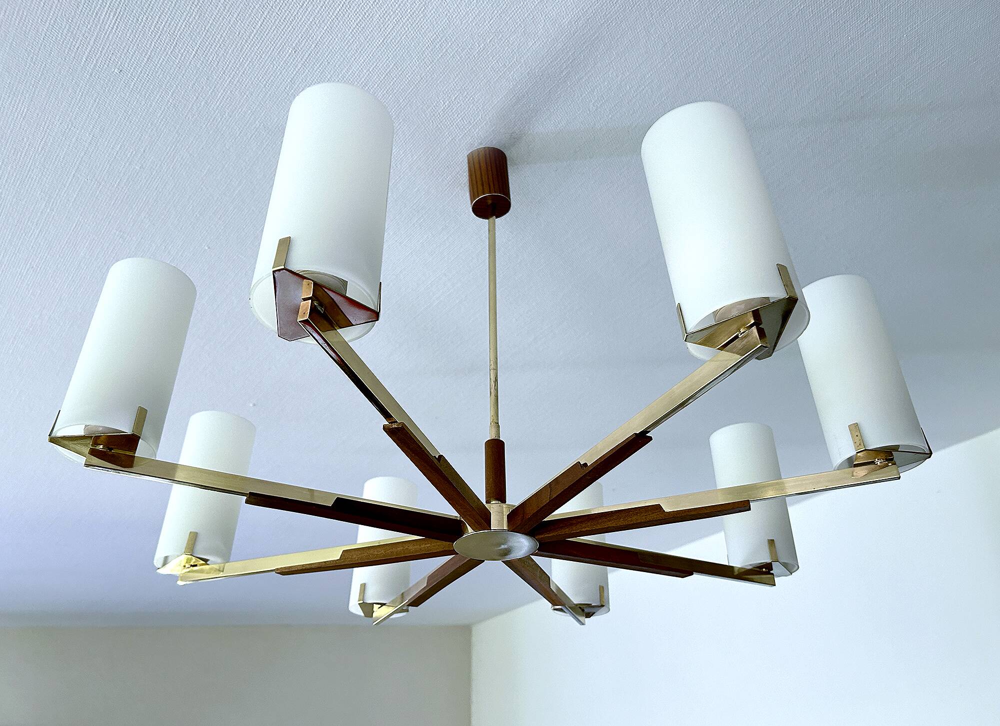 Grande suspension scandinave, teck, laiton et verre