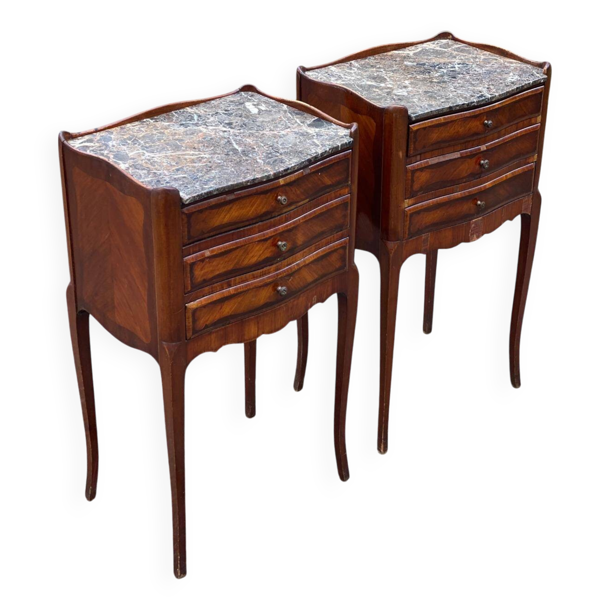 Pair of Louis XV bedside tables, early 20th century, marquetry and marble