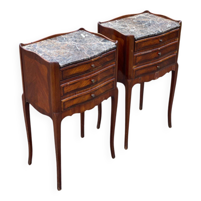 Paire de chevet Louis XV début 20ème marqueterie et marbre