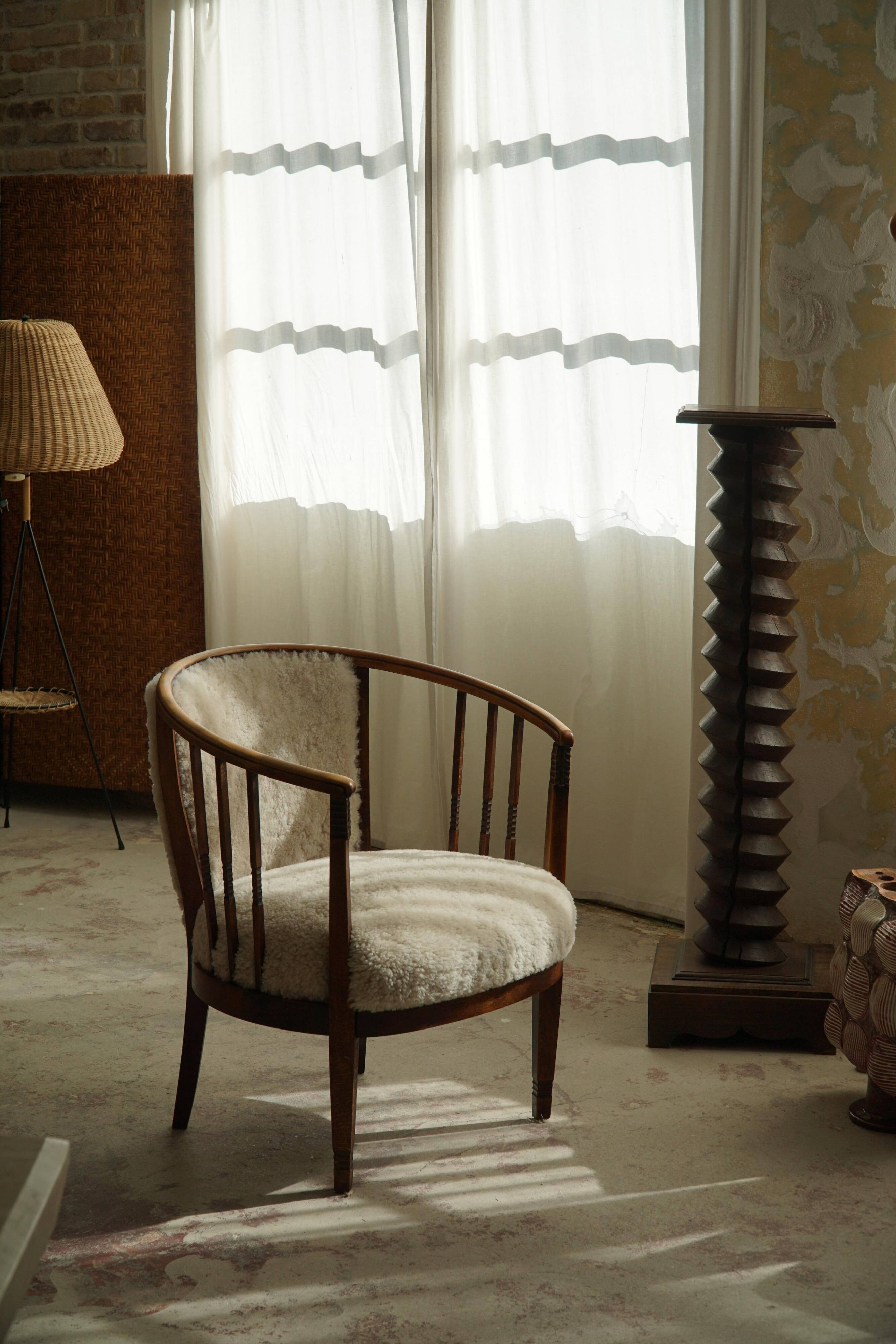 Pair of Danish armchairs in beech, reupholstered in lambswool, Art Nouveau, 1900s.