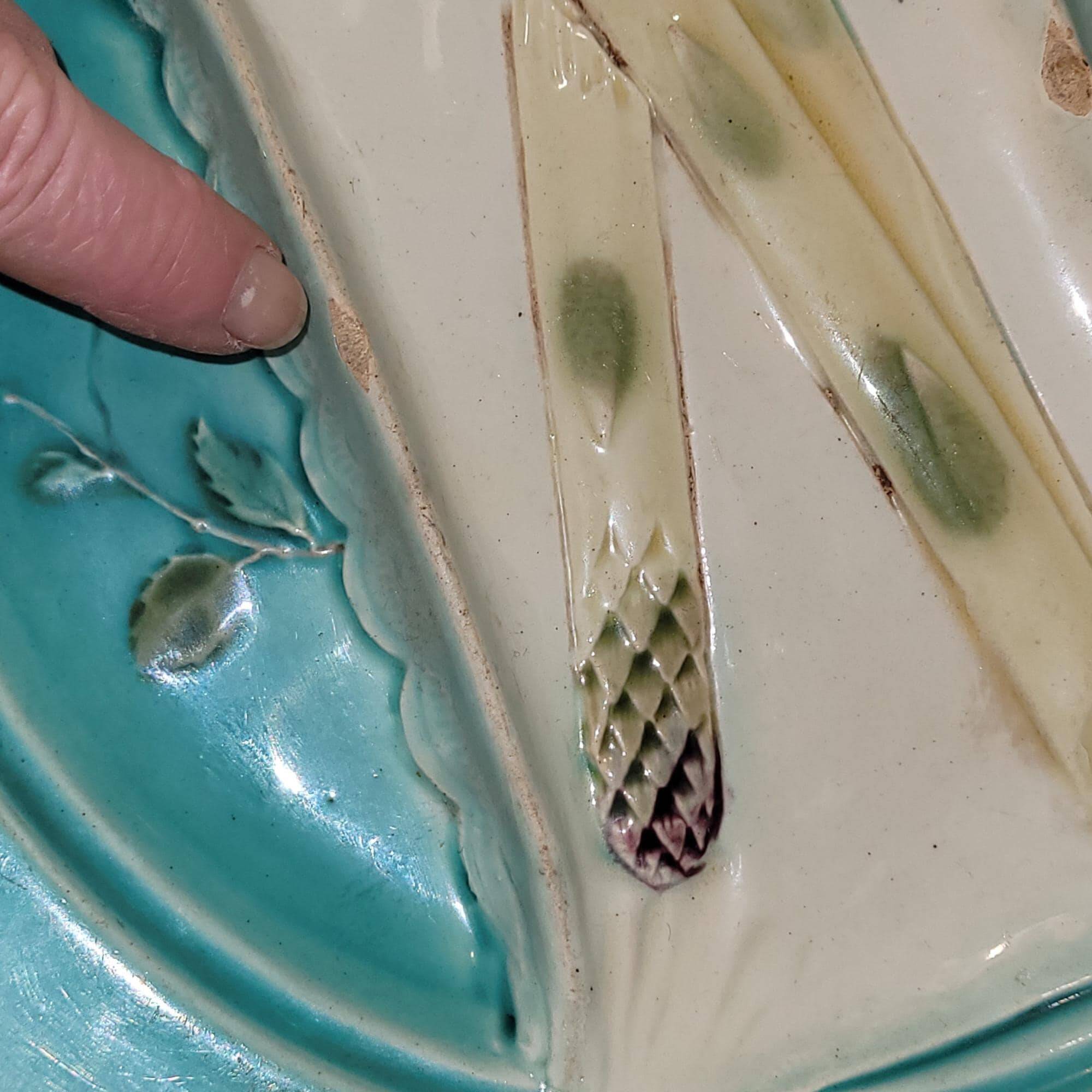 Majolica asparagus plate – 19th century slip – antique turquoise blue