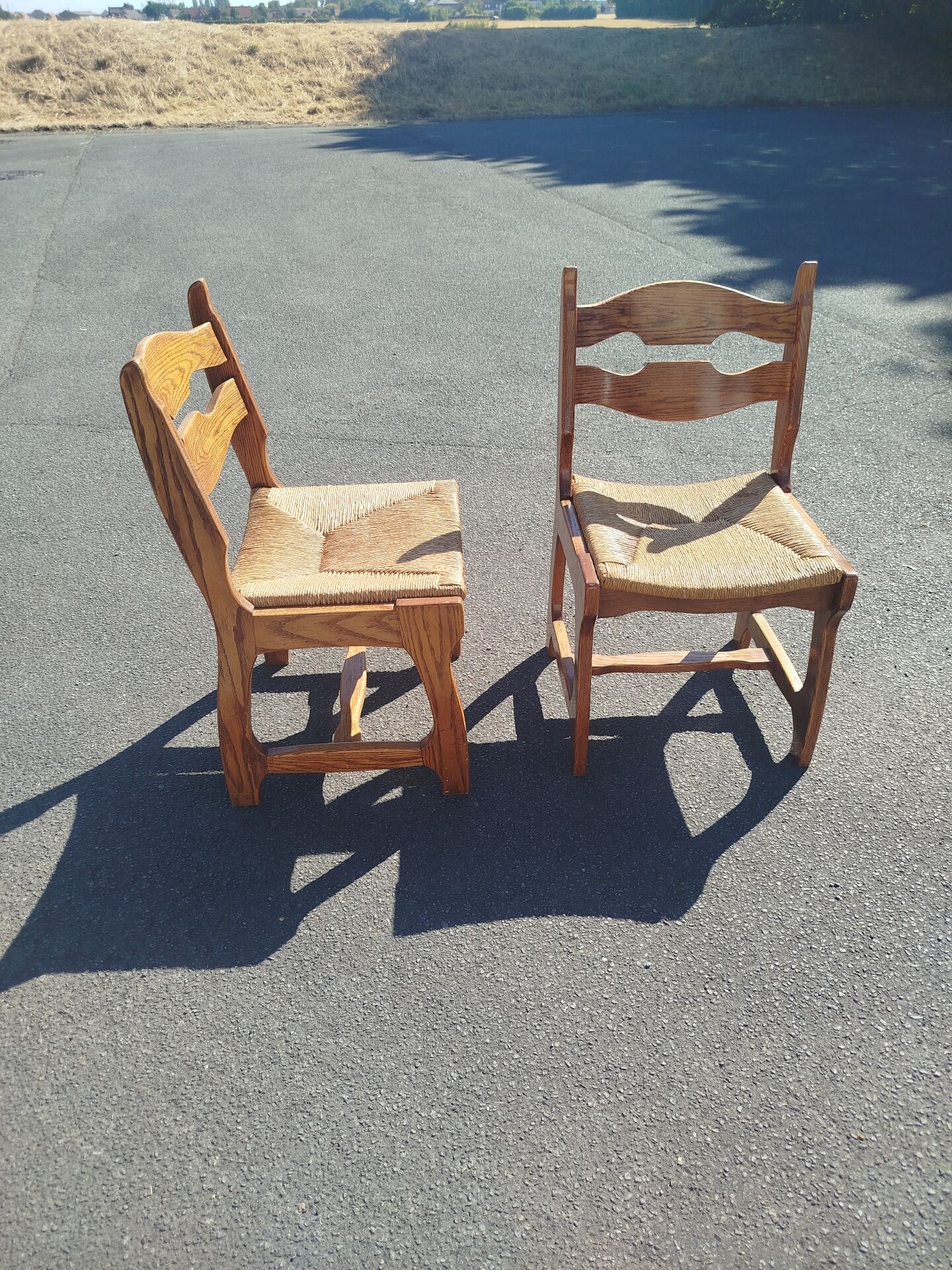 Pair of Brutalist Guillerme and Chambron Chairs in Solid Oak with Wove