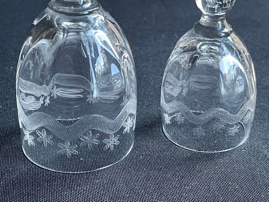 14 Meisenthal blown and engraved digestive glasses