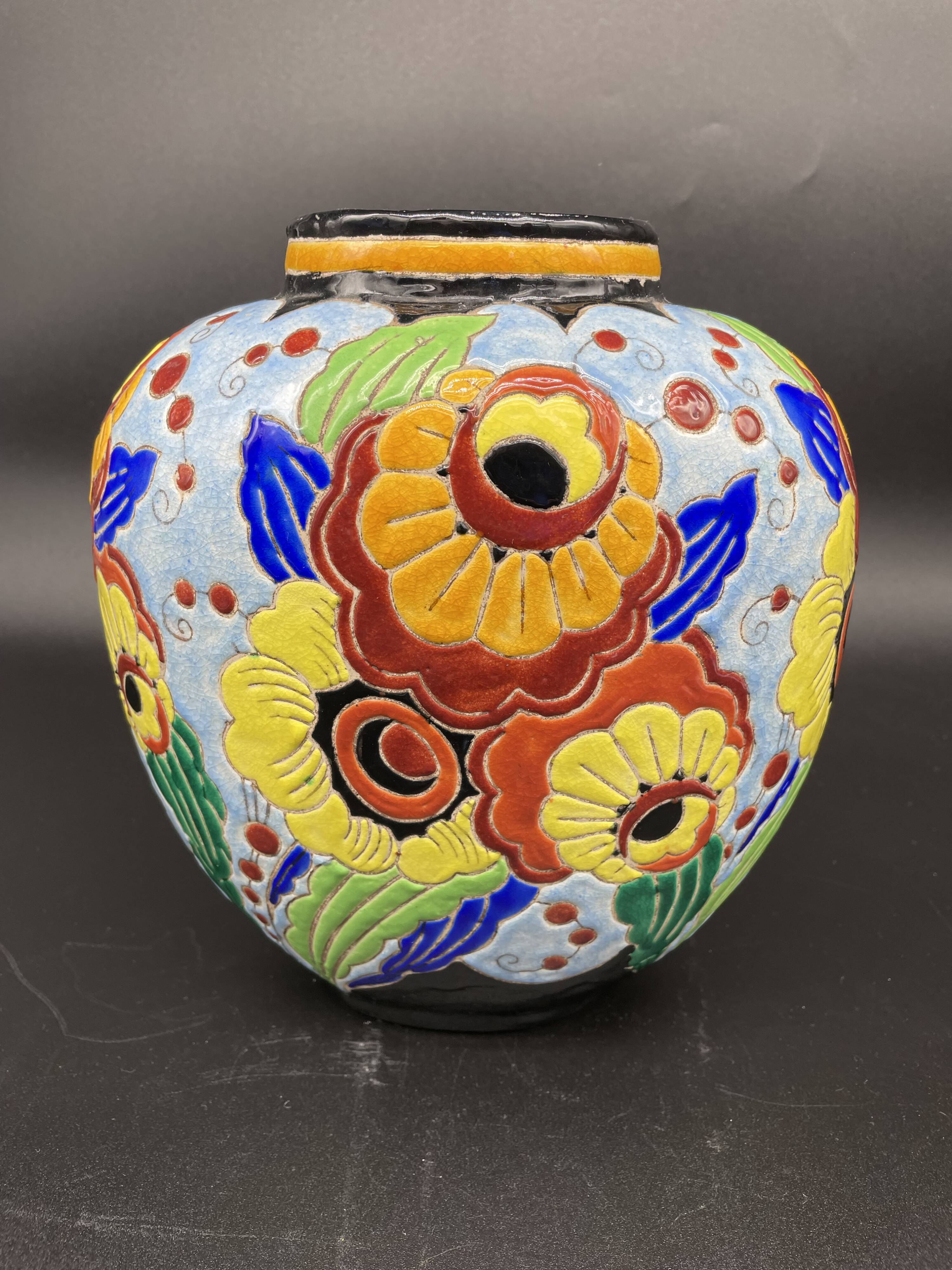 Ovoid vase, charles catteau, keramis, art deco period, fine earthenware, floral enamel decoration, vase col