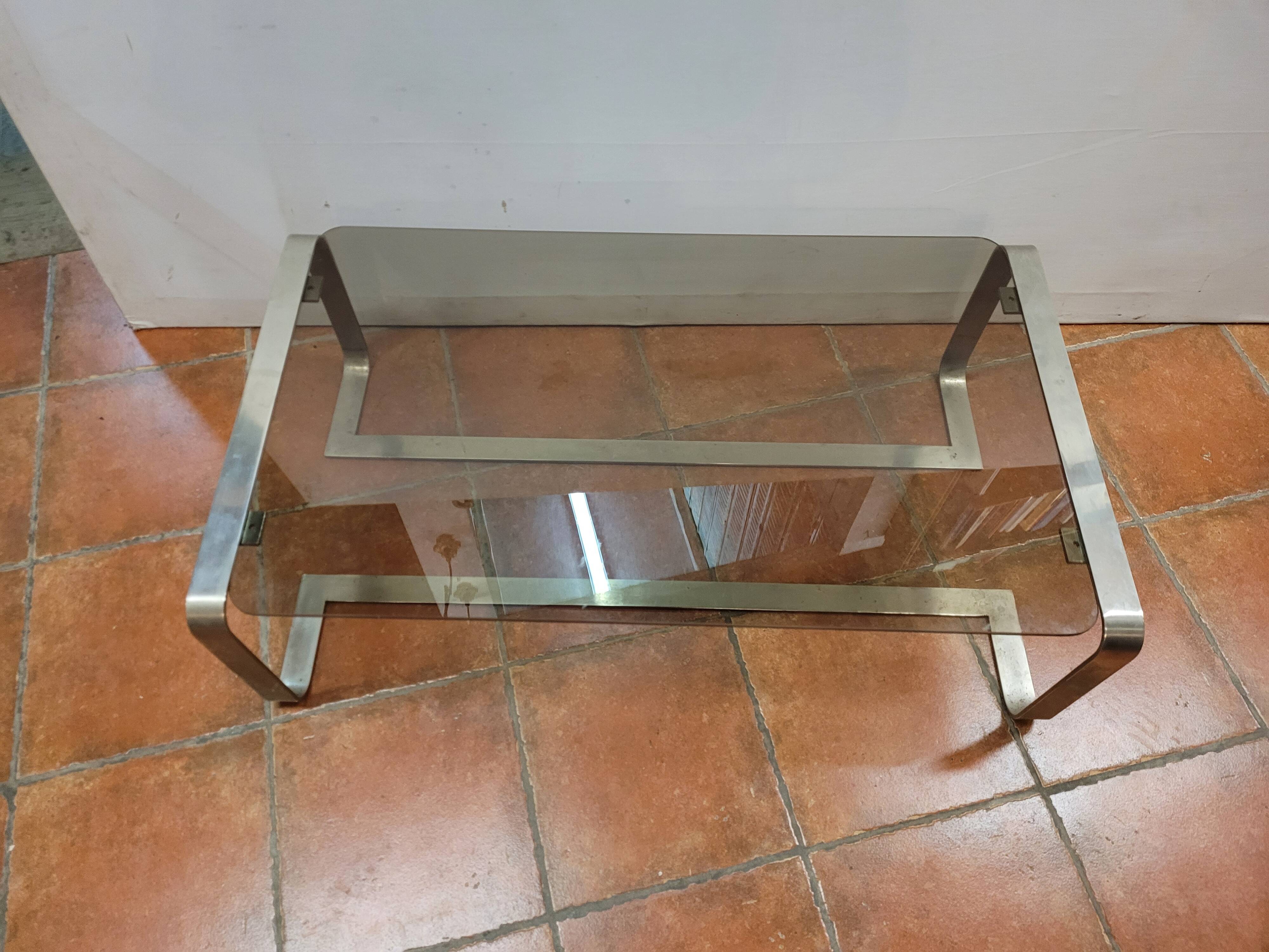 Coffee table with stainless steel base and smoked glass, from the 70s