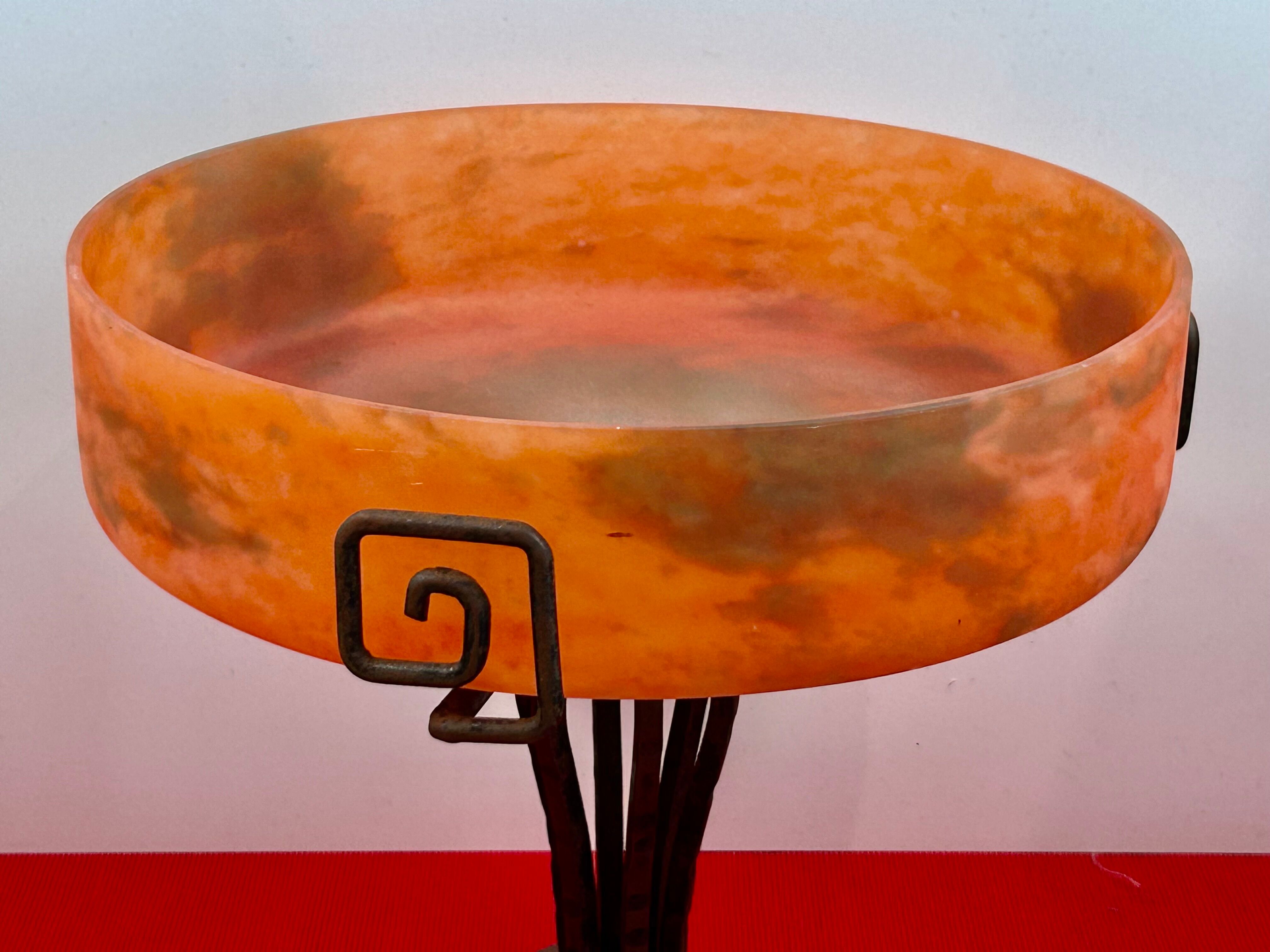 Art deco pâte de verre signed lorrain with wrought iron base, dlg by majorelle