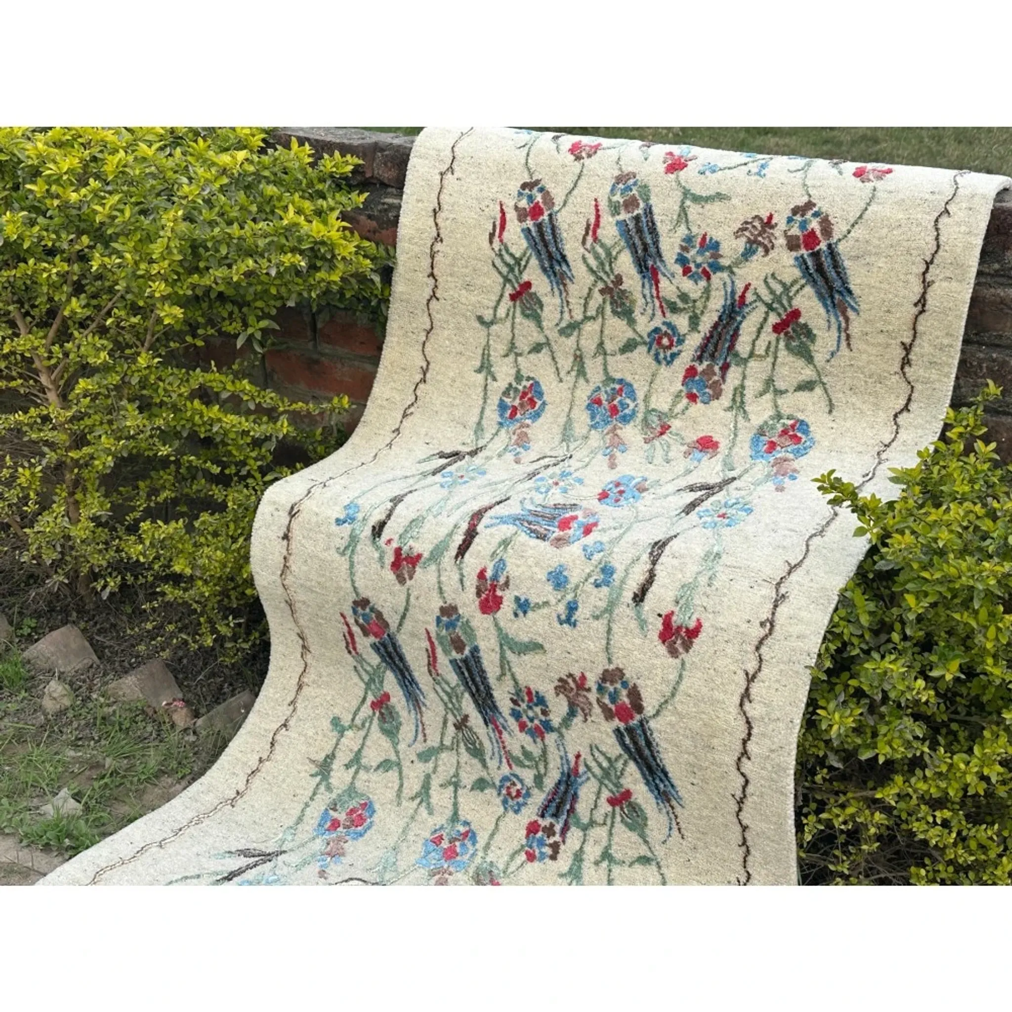 Hand-Knotted Silk Runner Rug for Hallway, Ivory Floral Vine Design Rug for Kitchen