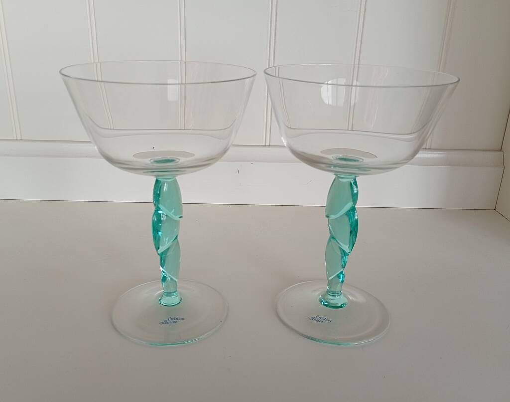 Pair of Vintage Postmodern Crystal Champagne Coupes with Organic Aqua Stems