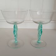 Pair of Vintage Postmodern Crystal Champagne Coupes with Organic Aqua Stems