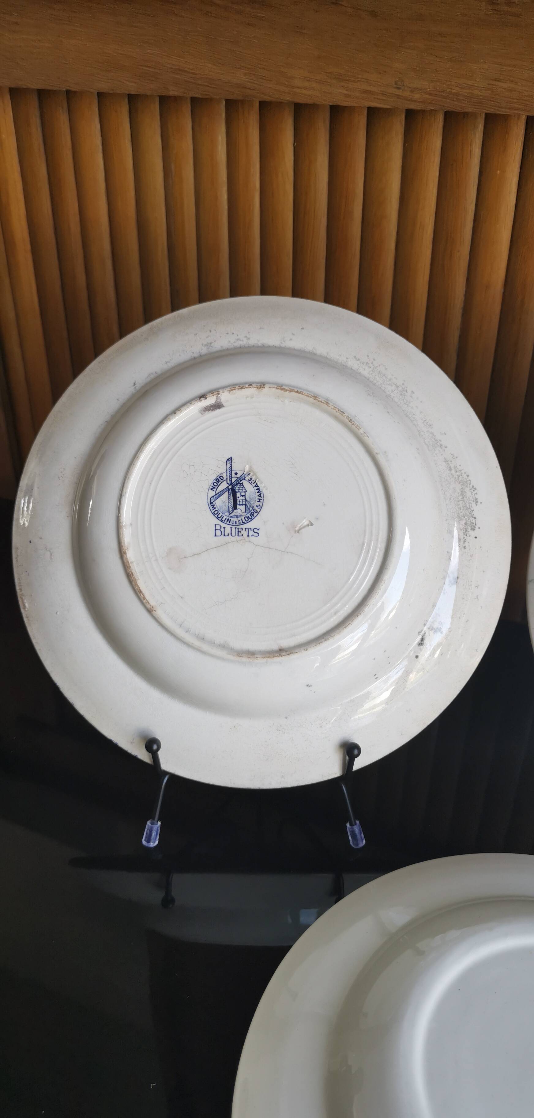 6 old mismatched deep plates Terre de Fer, glass and blue colors