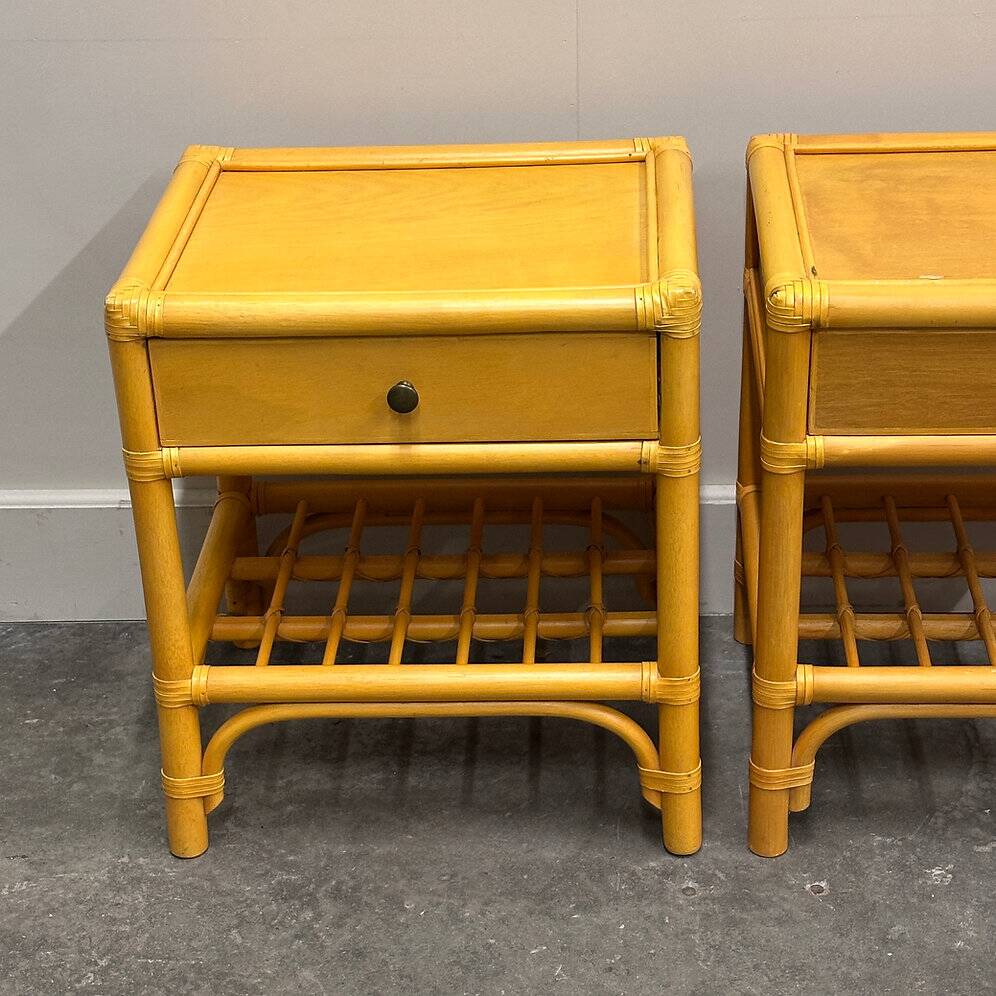 Pair of vintage bamboo & wood nightstands with drawer, 1970s