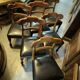 Set of 6 English chairs in mahogany and black leather