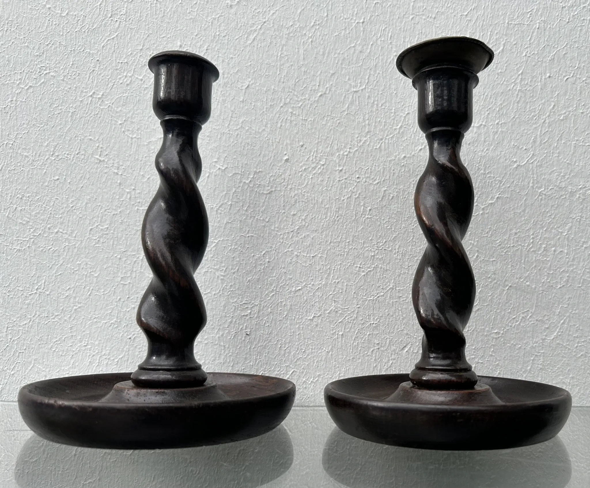 Pair of English oak Barley Twist candlesticks