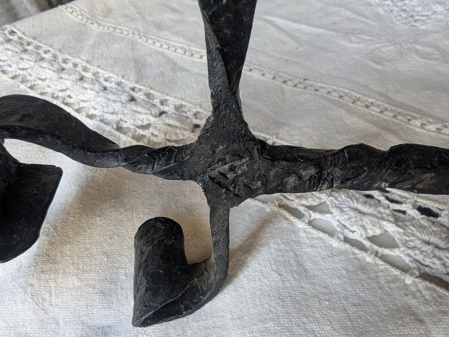 Brutalist Antique Wrought Iron Chandelier Floral Naturalist Candle Holder