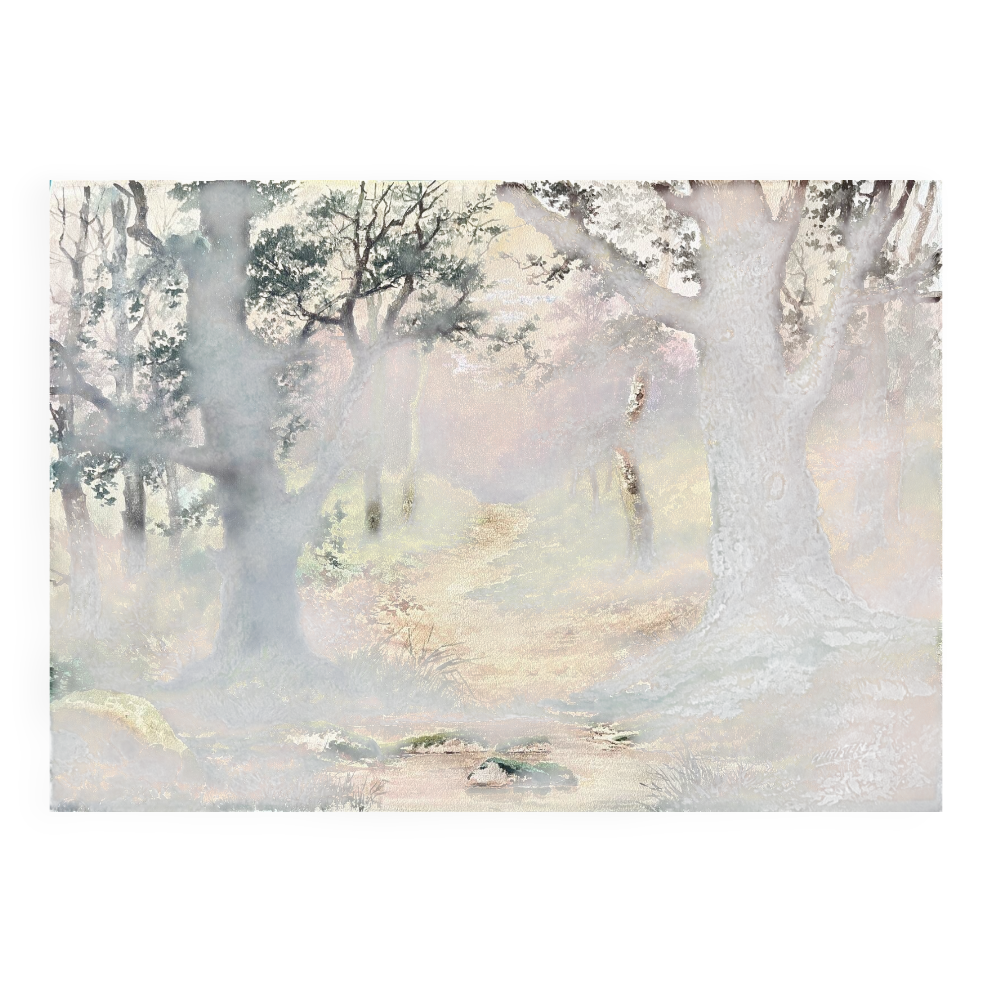 Tableau aquarelles signée Christen "Chemin en sous bois" XIX° siècle