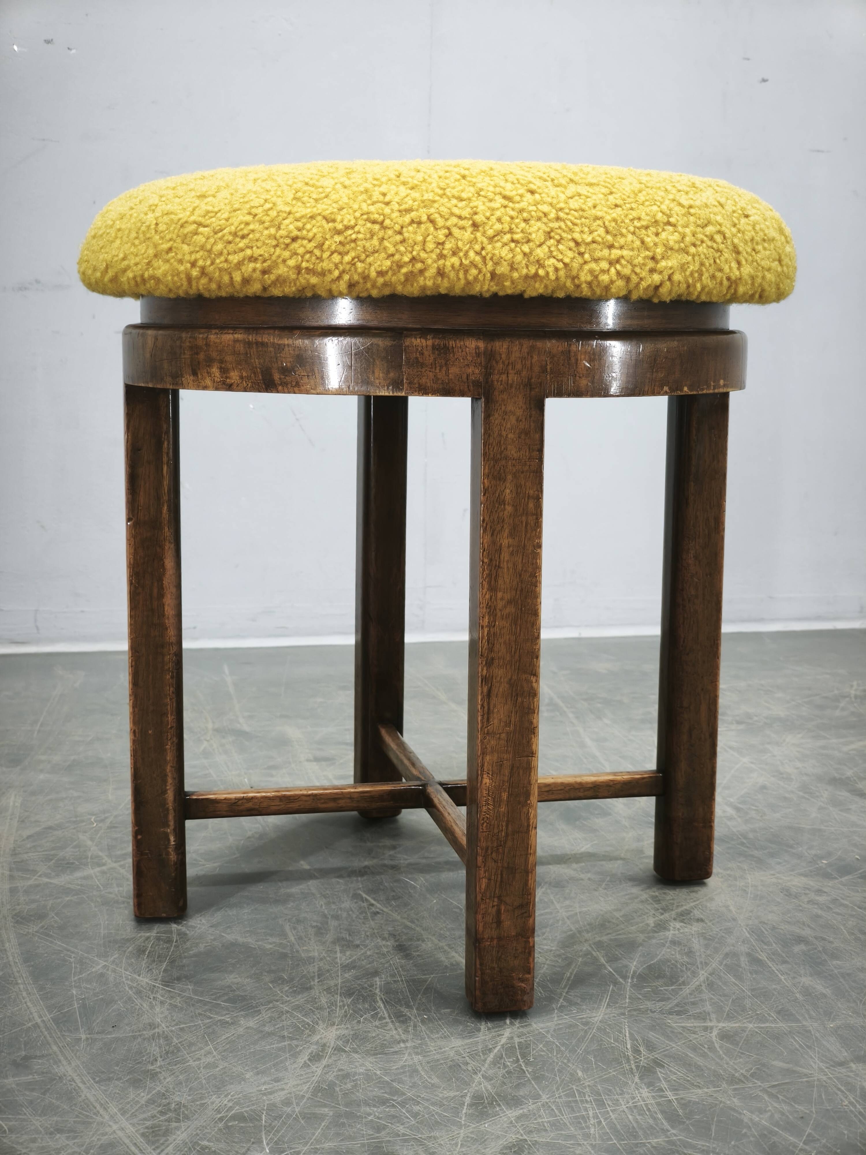 1930s Czech Art Deco Beechwood Stool with Bouclé Upholstery