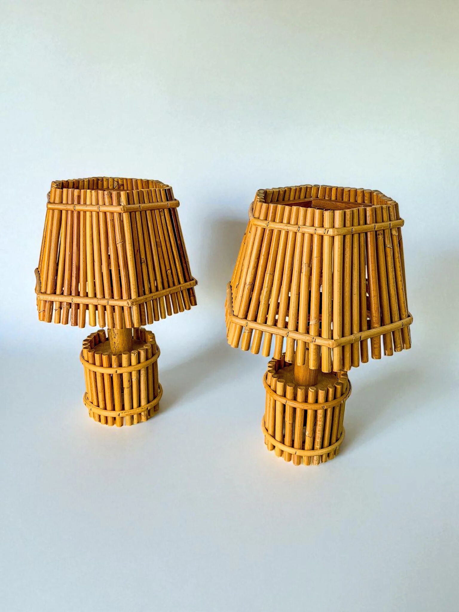 Pair of French Riviera bamboo & rattan table lamps, Louis Sognot's style, 1960s