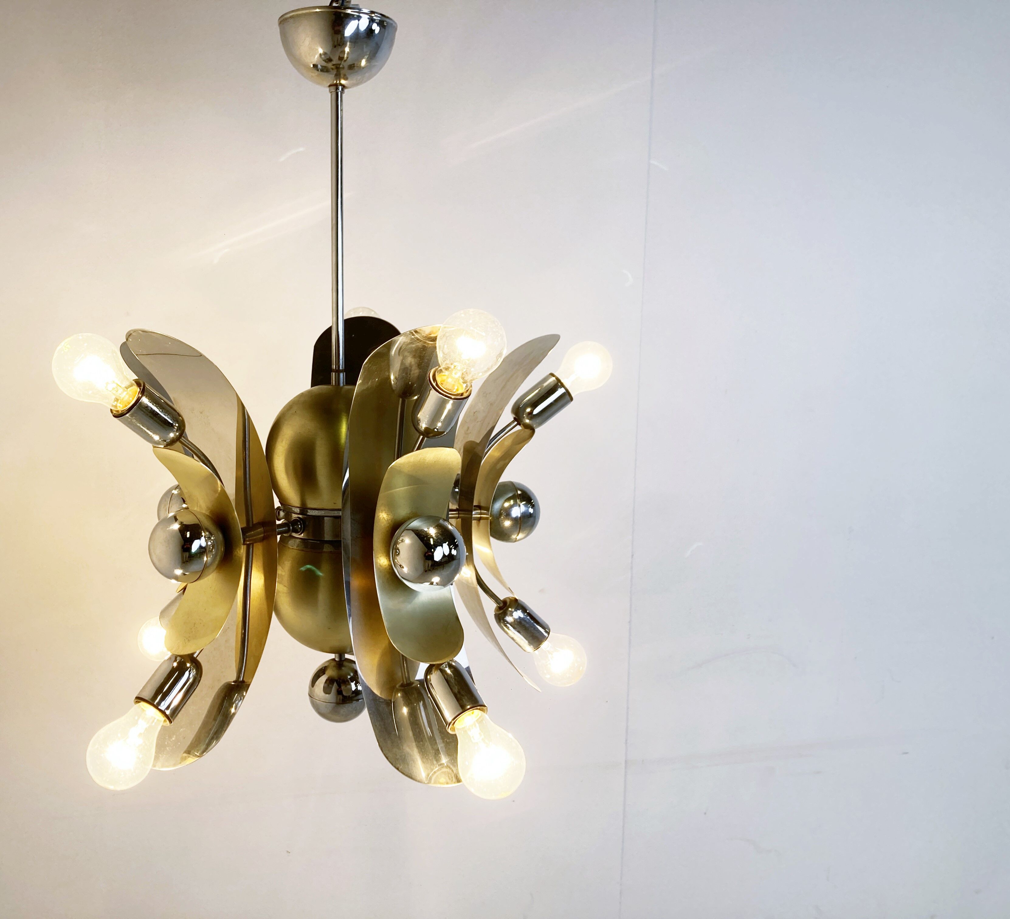 Vintage italian chrome and brass chandelier, 1970s
