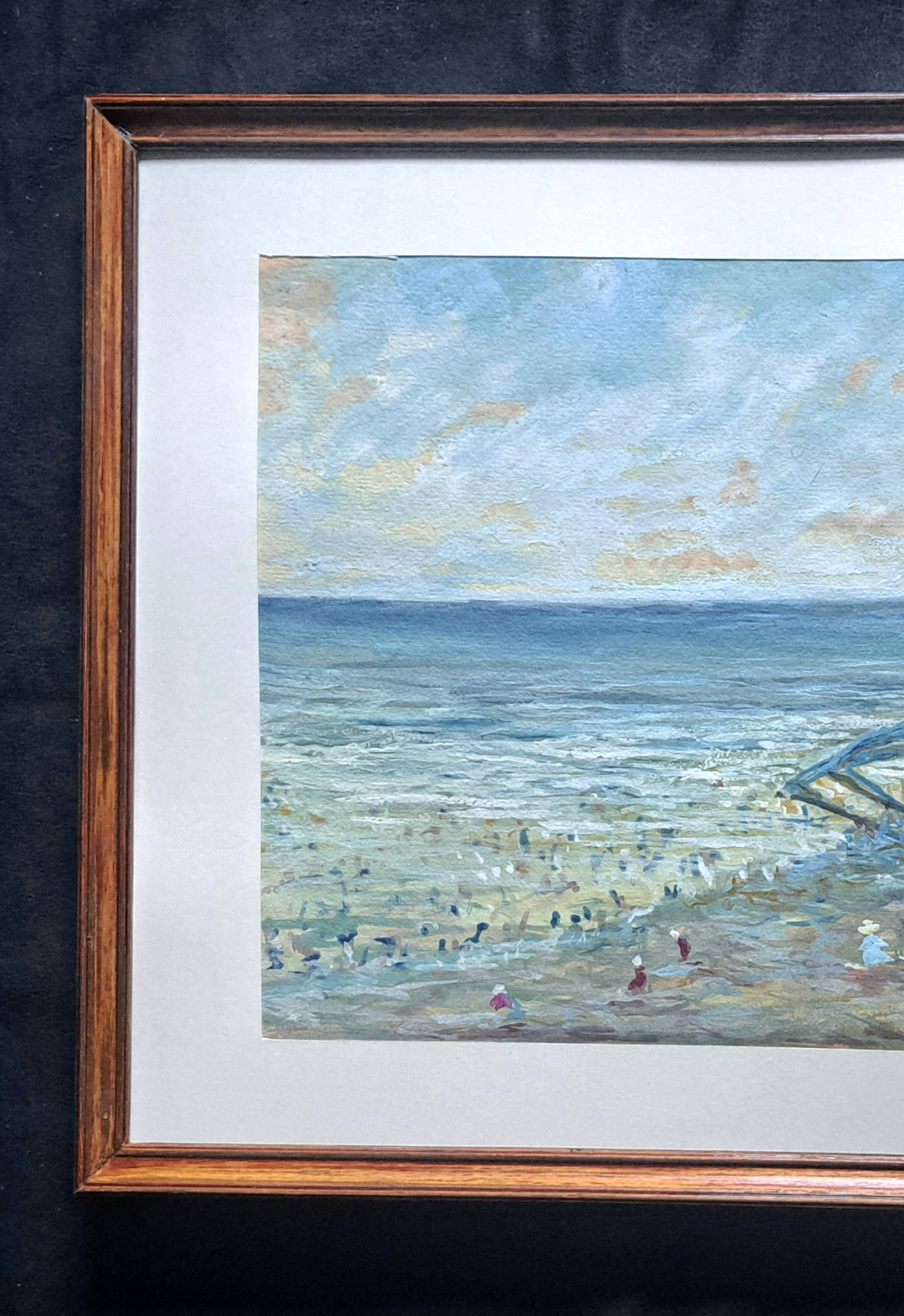 Tableau post-impressionniste à l'aquarelle "Plage de Guéthary" Pays Basque, 1920