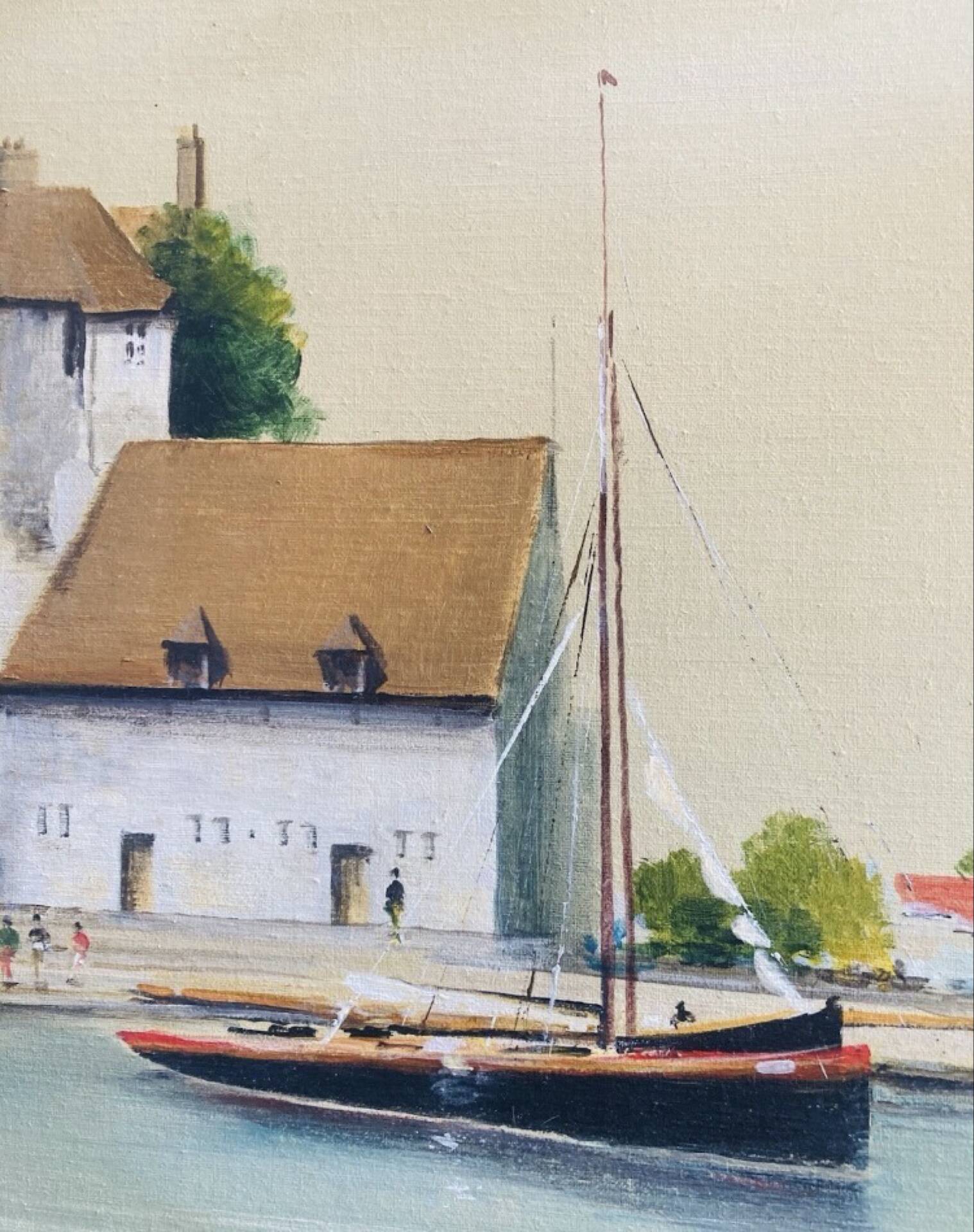 Oil painting on canvas of the old port of Honfleur signed Alain Huin.