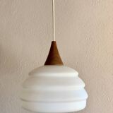 Scandinavian teak and opaline pendant light by Louis Kalff for Philips in 1968