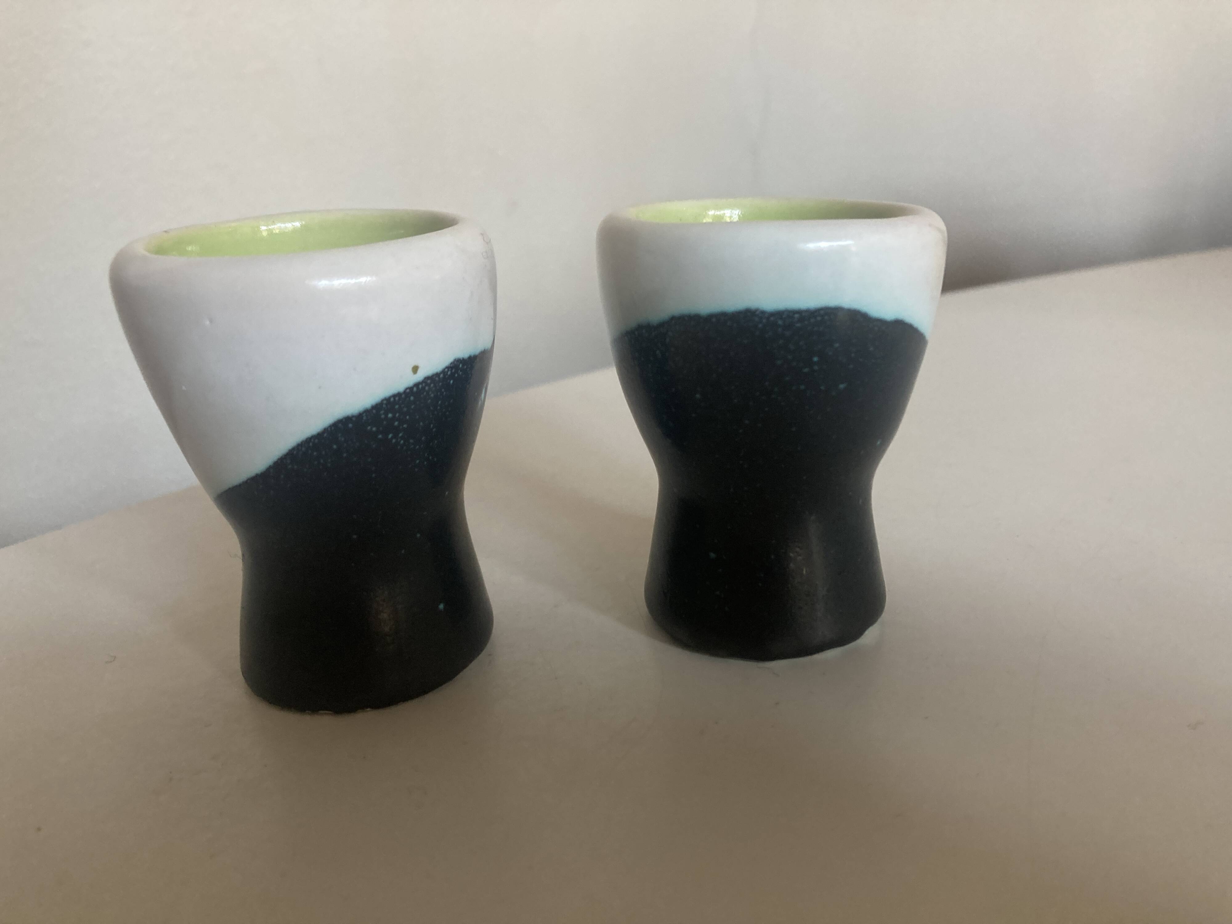 pair of green lined Vallauris 196O egg cups