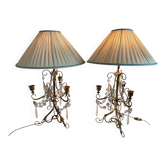 Paire lampes, bougeoirs 3 feux, shabby chic, pampilles en verre, pendeloques, abat-jour tissu plissé