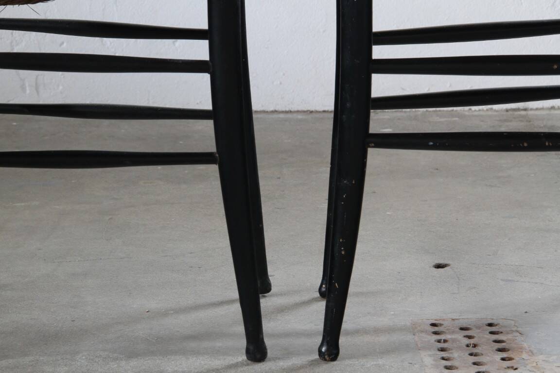 Vintage set of 8 Italian papercord black dining chairs, woven seat, 1950s