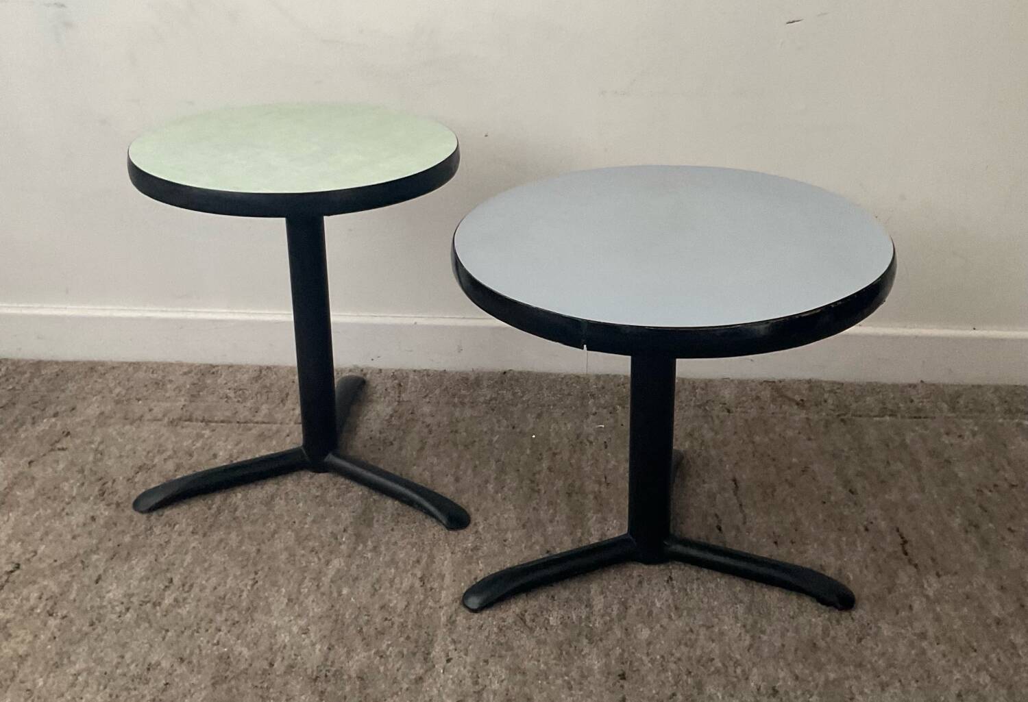 Pair of vintage metal and Formica pedestal tables