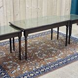 English nesting tables in mahogany and leather top under glass - work from the 1950s