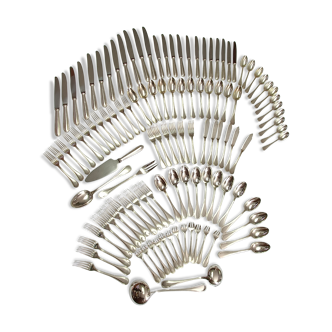 Cutlery set silver metal Christofle model "pearls" 113 pieces in its wooden box 4 drawers
