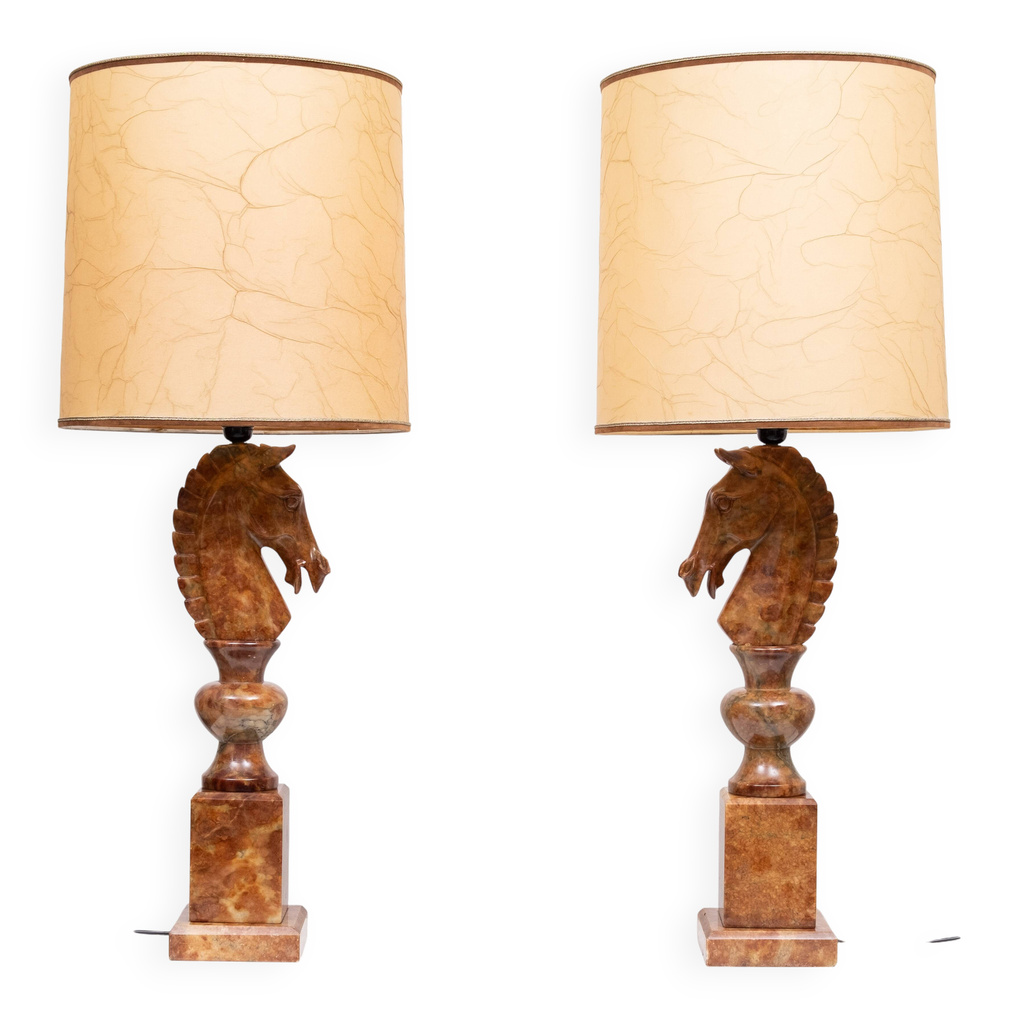 Large Horse Head Chess Knights Lamp in Carved Alabaster, taly, 1960s, Set of 2